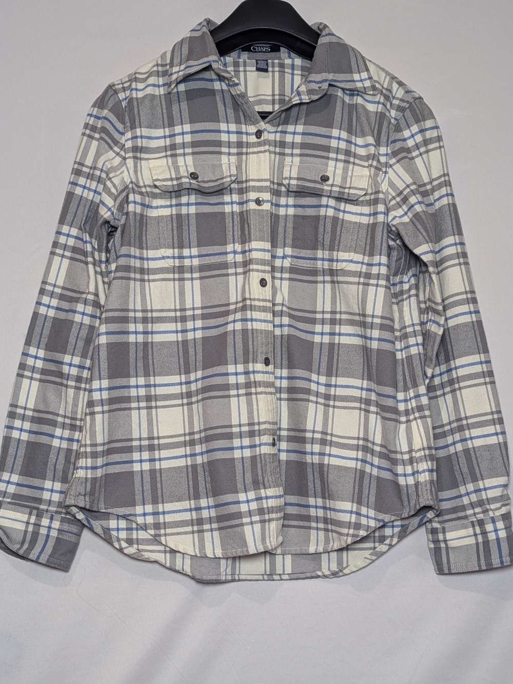 CHAPS Soft Plaid Flannel Shirt Gray Blue Cream Button Up M